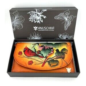 NIB Anuschka Hand Painted Genuine Leather RFID Tri Fold Wallet Cardinals Birds
